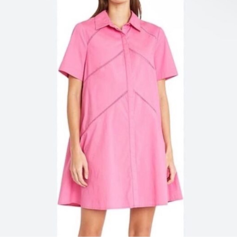 Donna Morgan | Women’s Vibrant Pink Short Sleeve Button Front Mini Shirt Dress 8